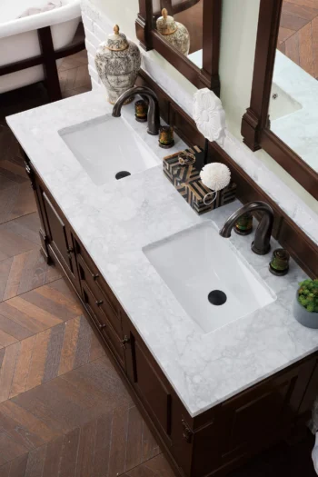 Brookfield 60" Double Vanity, Burnished Mahogany w/ 3 CM Carrara Marble Top - Image 5