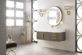 Mercer Island 48" Single Vanity, Ash Gray, Radiant Gold w/ Glossy White Composite Stone Top - Image 2