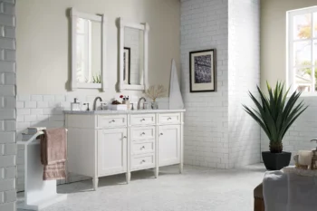 Brittany 60" Double Vanity, Bright White Vanity w/ 3 CM Carrara Marble Top - Image 3