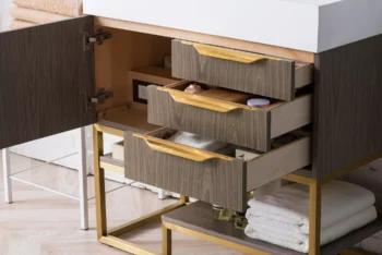 Columbia 36" Single Vanity, Ash Gray, Radiant Gold w/ Glossy White Composite Stone Top - Image 4