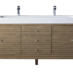 Linear 72″ Double Vanity Whitewashed Walnut w/ Glossy White Composite Stone Top