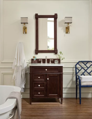 Brittany 30" Single Vanity, Burnished Mahogany w/ 3 CM Carrara Marble Top - Image 2