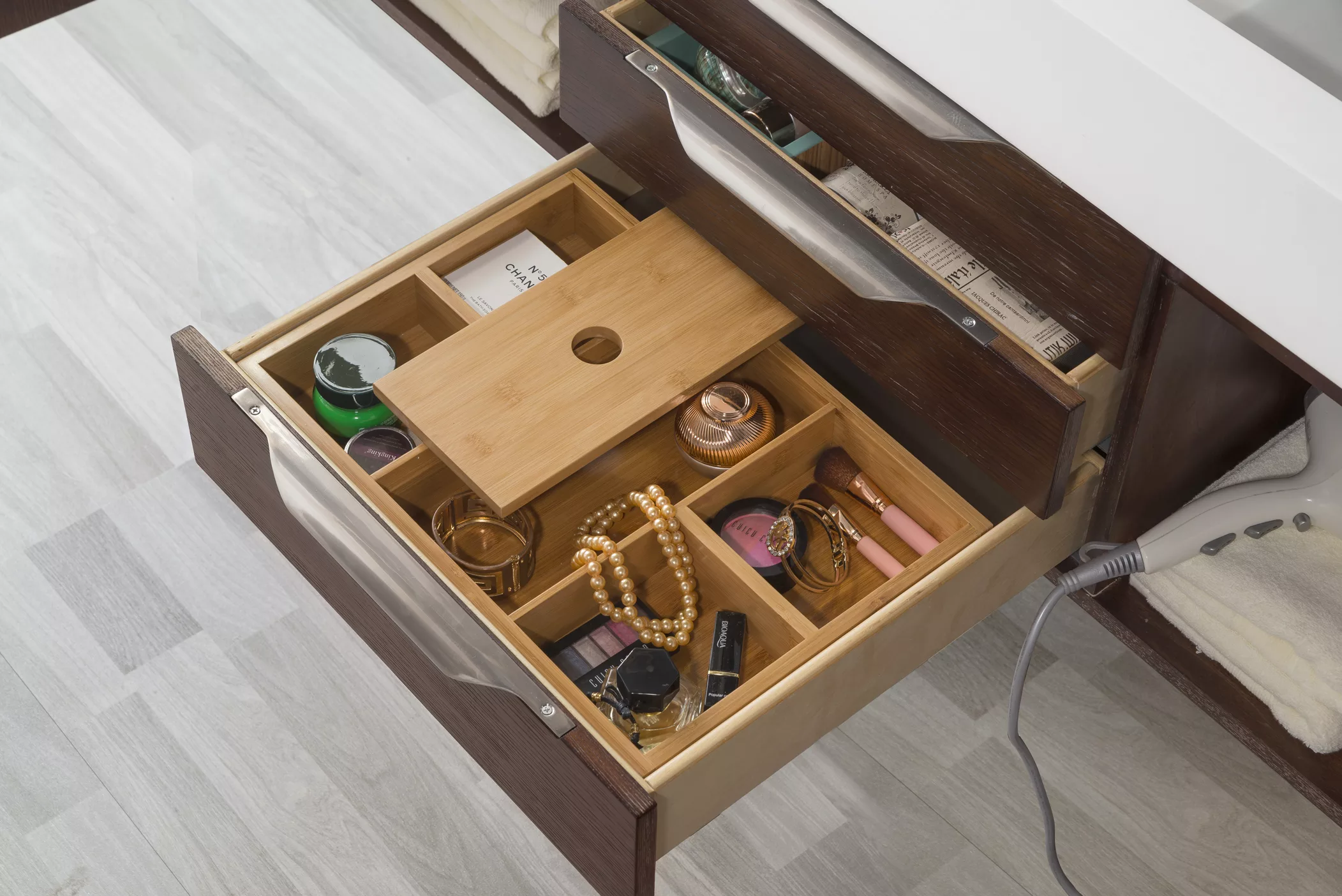 Mercer Island 59" Double Vanity, Coffee Oak w/ Glossy White Composite Stone Top - Image 6