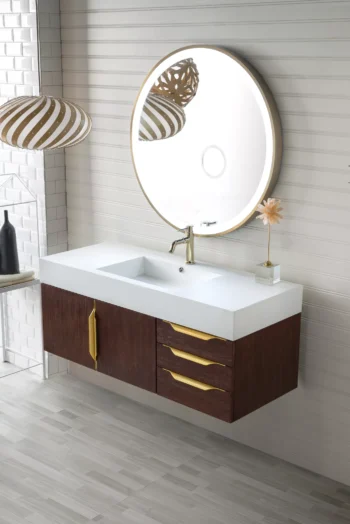 Mercer Island 48" Single Vanity, Coffee Oak, Radiant Gold w/ Glossy White Composite Stone Top - Image 3