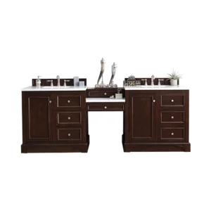 De Soto 94″ Double Vanity Set, Burnished Mahogany w/ 3 CM Arctic Fall Solid Surface Top