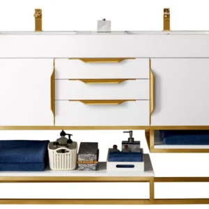 Columbia 59″ Double Vanity, Glossy White, Radiant Gold w/ Glossy White Composite Stone Top