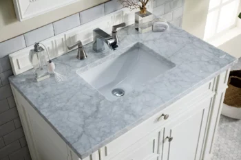 Bristol 36" Single Vanity, Bright White w/ 3 CM Carrara Marble Top - Image 3