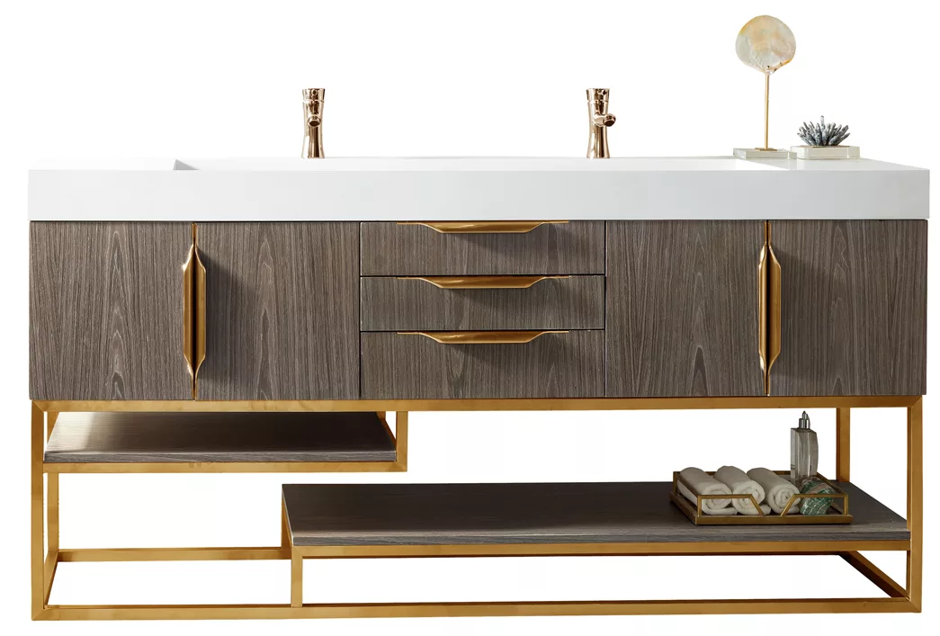 Columbia 72" Double Vanity, Ash Gray, Radiant Gold w/ Glossy White Composite Stone Top