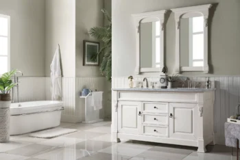 Brookfield 60" Double Vanity, Bright White w/ 3 CM Carrara Marble Top - Image 3