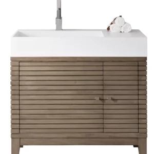 Linear 36″ Single Vanity, Whitewashed Walnut w/ Glossy White Composite Stone Top