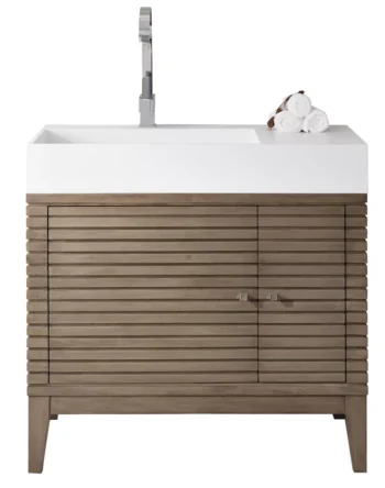 Linear 36" Single Vanity, Whitewashed Walnut w/ Glossy White Composite Stone Top