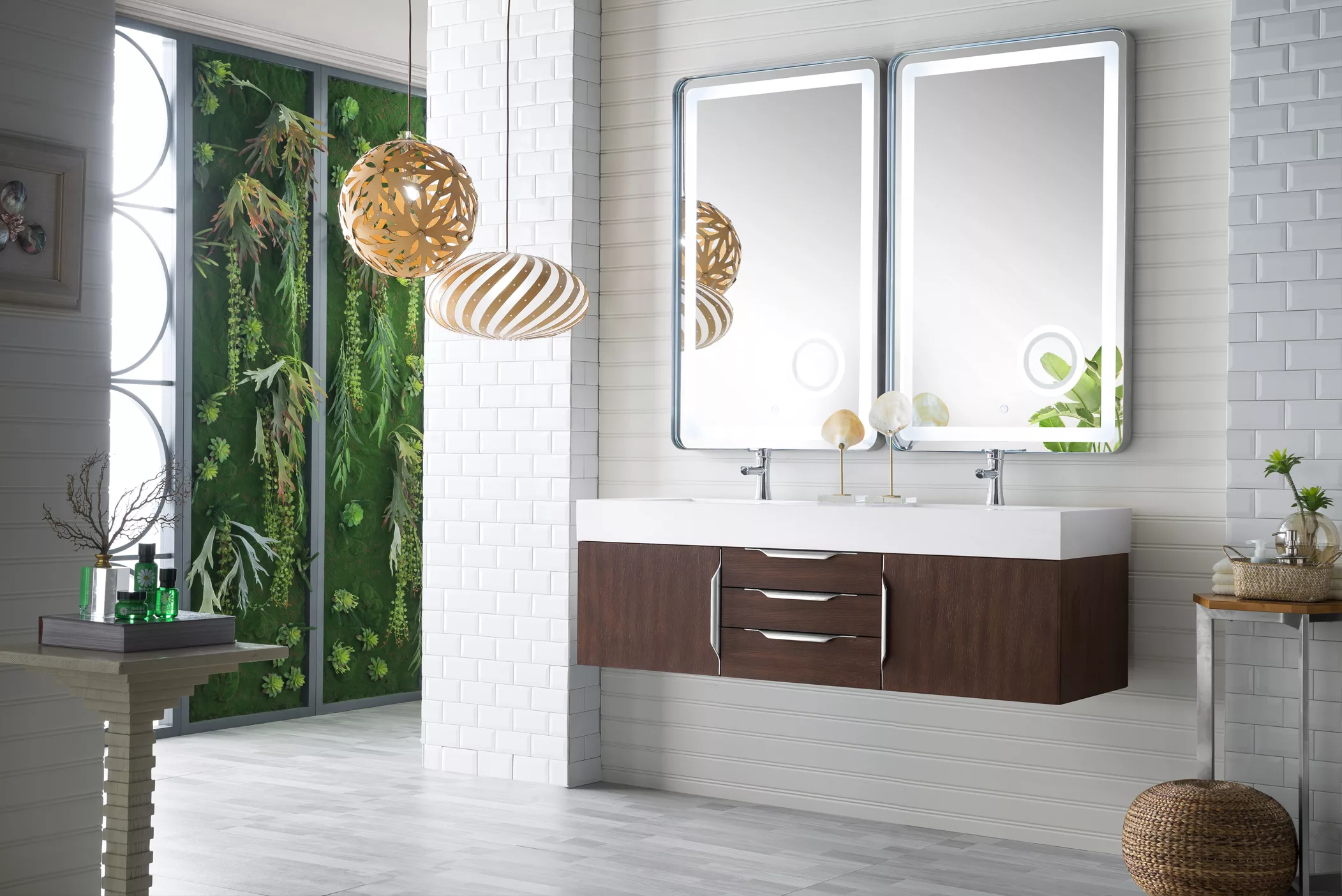 Mercer Island 59" Double Vanity, Coffee Oak w/ Glossy White Composite Stone Top - Image 3