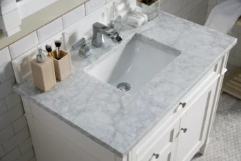 Brittany 36" Single Vanity, Bright White w/ 3 CM Carrara Marble Top - Image 5