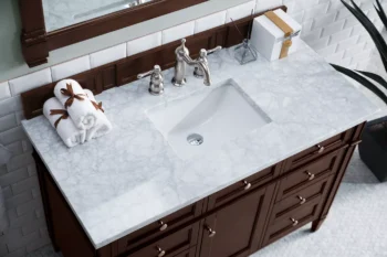 Brittany 48" Single Vanity, Burnished Mahogany w/ 3 CM Carrara Marble Top - Image 5