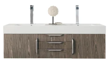 Mercer Island 59" Double Vanity, Ash Gray w/ Glossy White Composite Stone Top