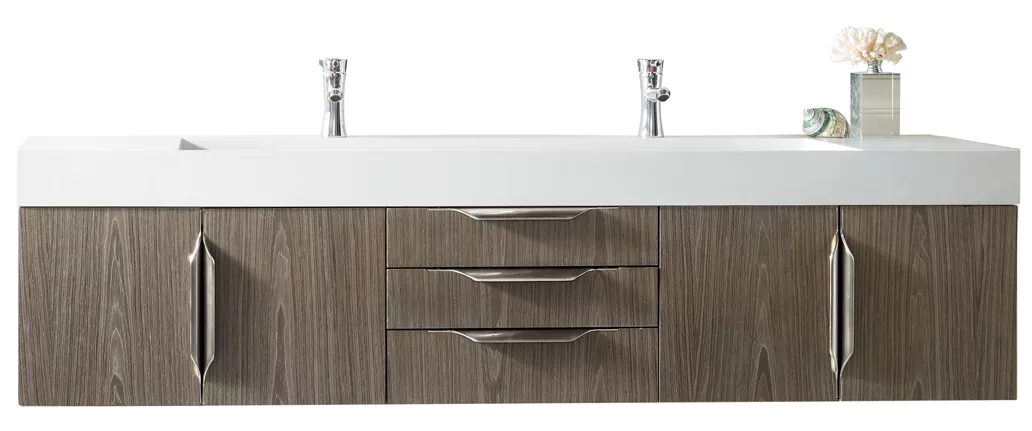 Mercer Island 72" Double Vanity, Ash Gray w/ Glossy White Composite Stone Top