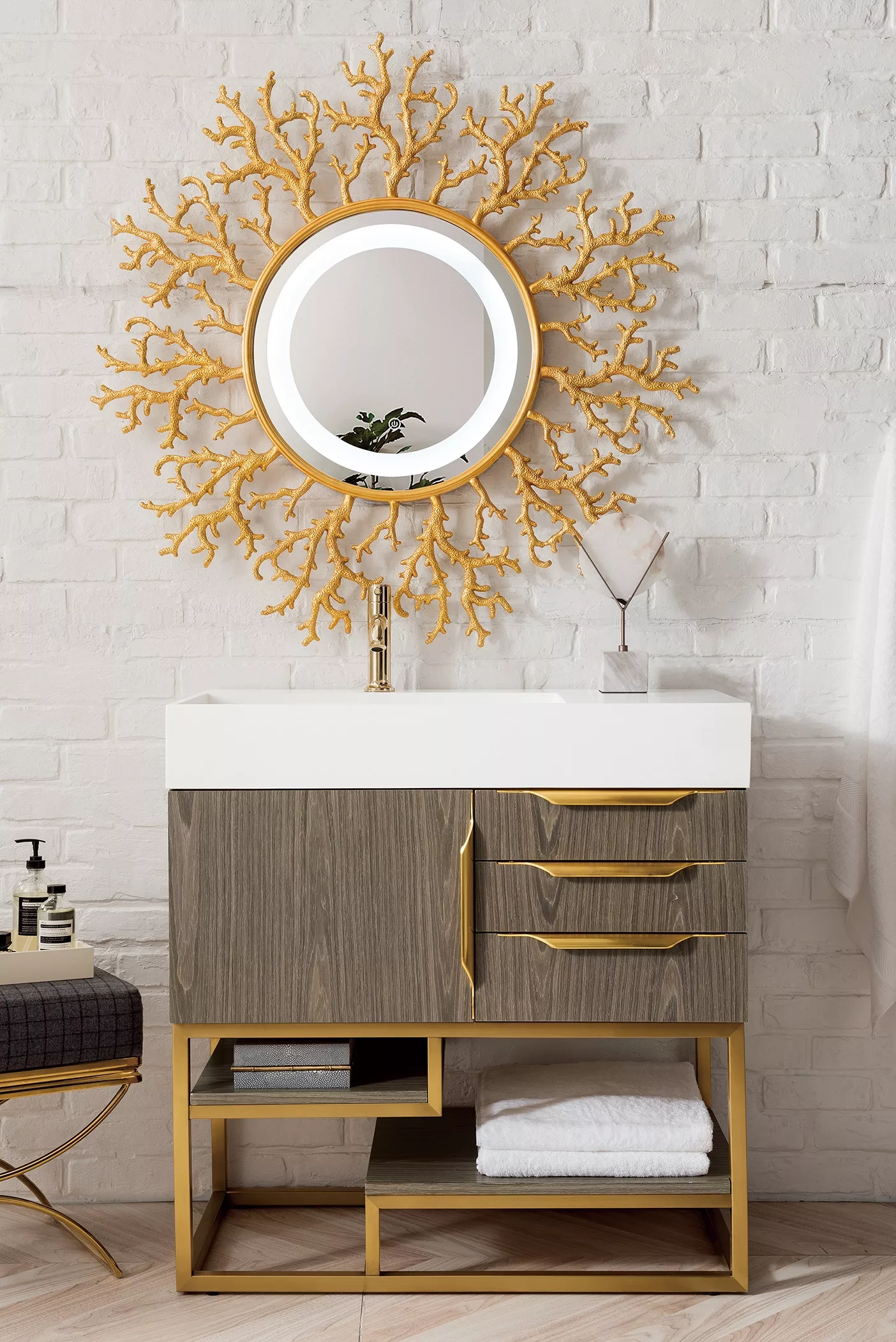 Columbia 36" Single Vanity, Ash Gray, Radiant Gold w/ Glossy White Composite Stone Top - Image 2