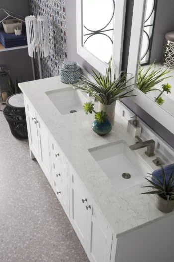 Palisades 72" Double Vanity, Bright White w/ 3 CM Eternal Jasmine Pearl Quartz Top - Image 2