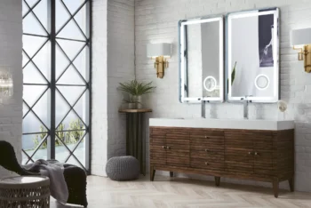 Linear 72" Double Vanity, Mid-Century Walnut w/ Glossy White Composite Stone Top - Image 3