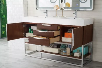 Columbia 59" Double Vanity, Coffee Oak w/ Glossy White Composite Stone Top - Image 4