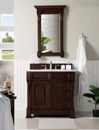 Brookfield 36" Single Vanity, Burnished Mahogany w/ 3 CM Carrara Marble Top - Image 2
