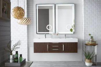 Mercer Island 59" Double Vanity, Coffee Oak w/ Glossy White Composite Stone Top - Image 2