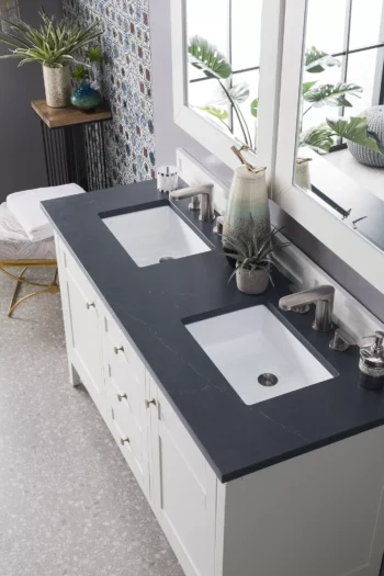 Palisades 60" Double Vanity, Bright White w/ 3 CM Charcoal Soapstone Quartz Top - Image 2