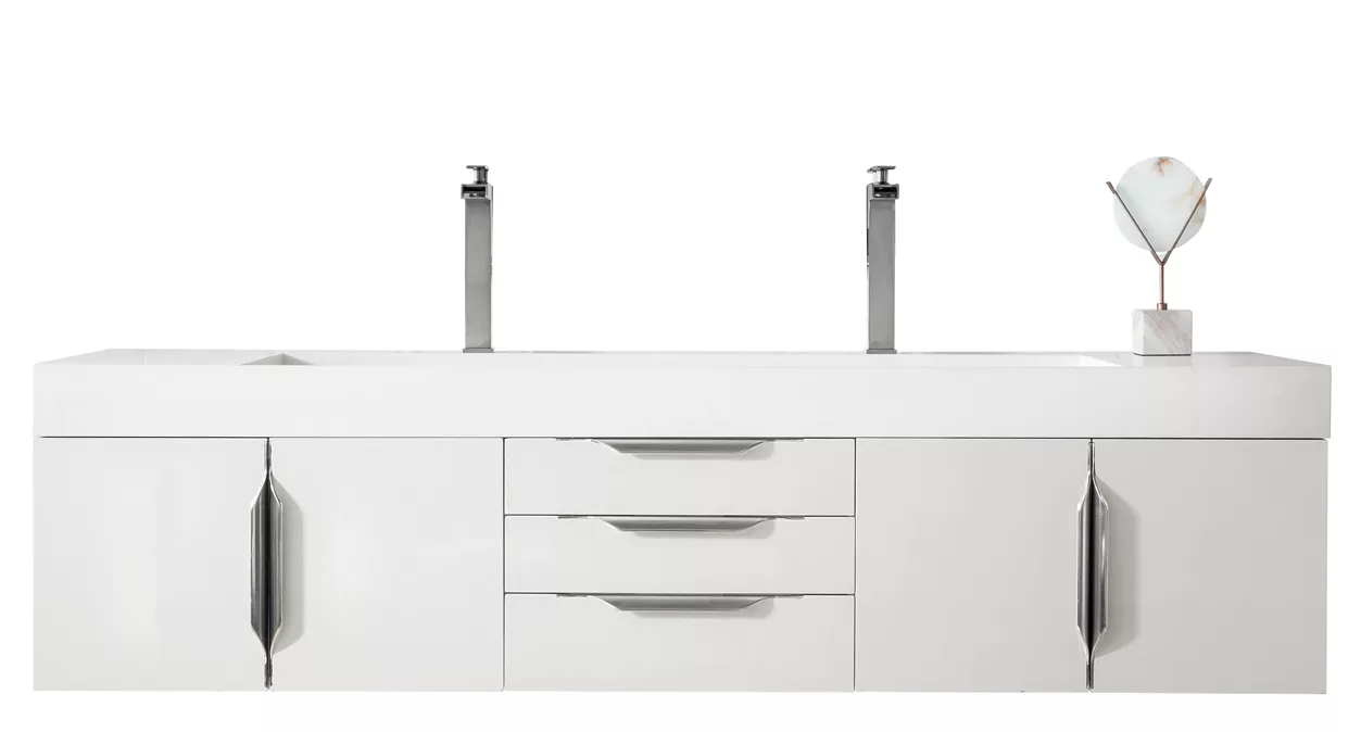 Mercer Island 72" Double Vanity, Glossy White w/ Glossy White Composite Stone Top