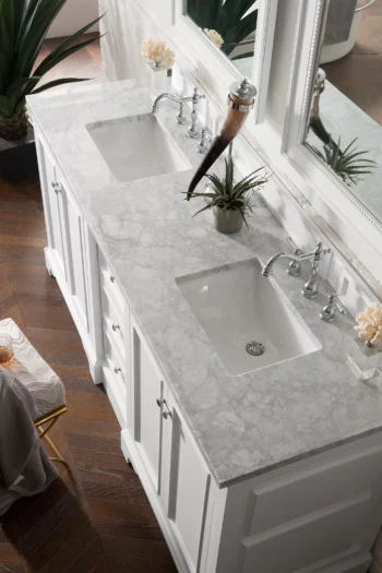 De Soto 72" Double Vanity, Bright White w/ 3 CM Carrara Marble Top - Image 3