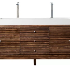 Linear 72″ Double Vanity, Mid-Century Walnut w/ Glossy White Composite Stone Top