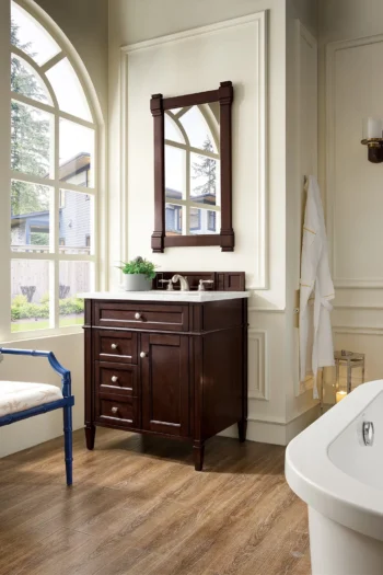 Brittany 30" Single Vanity, Burnished Mahogany w/ 3 CM Carrara Marble Top - Image 3