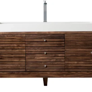 Linear 72″ Single Vanity, Mid-Century Walnut w/ Glossy White Composite Stone Top