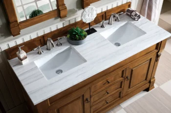 Brookfield 60" Double Vanity, Country Oak w/ 3 CM Arctic Fall Solid Surface Top - Image 3