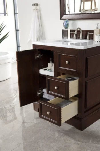 De Soto 30" Single Vanity, Burnished Mahogany w/ 3 CM Carrara Marble Top - Image 7