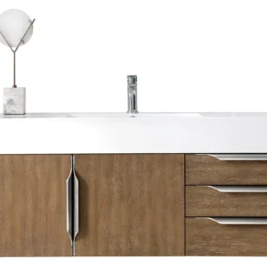 Mercer Island 48″ Single Vanity, Latte Oak w/ Glossy White Composite Stone Top
