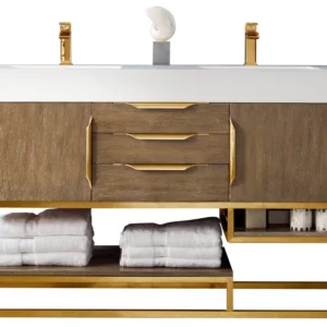 Columbia 59″ Double Vanity, Latte Oak, Radiant Gold w/ Glossy White Composite Stone Top