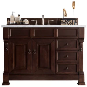 Brookfield 48″ Single Vanity, Burnished Mahogany w/ 3 CM Arctic Fall Solid Surface Top