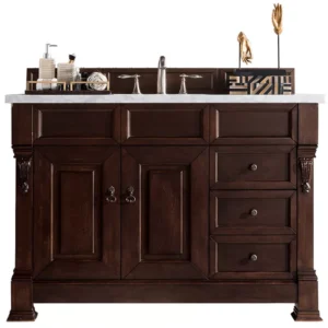 Brookfield 48″ Single Vanity, Burnished Mahogany w/ 3 CM Carrara Marble Top