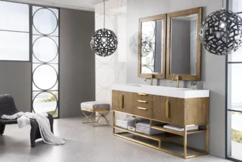 Columbia 72" Double Vanity, Latte Oak, Radiant Gold w/ Glossy White Composite Stone Top - Image 3