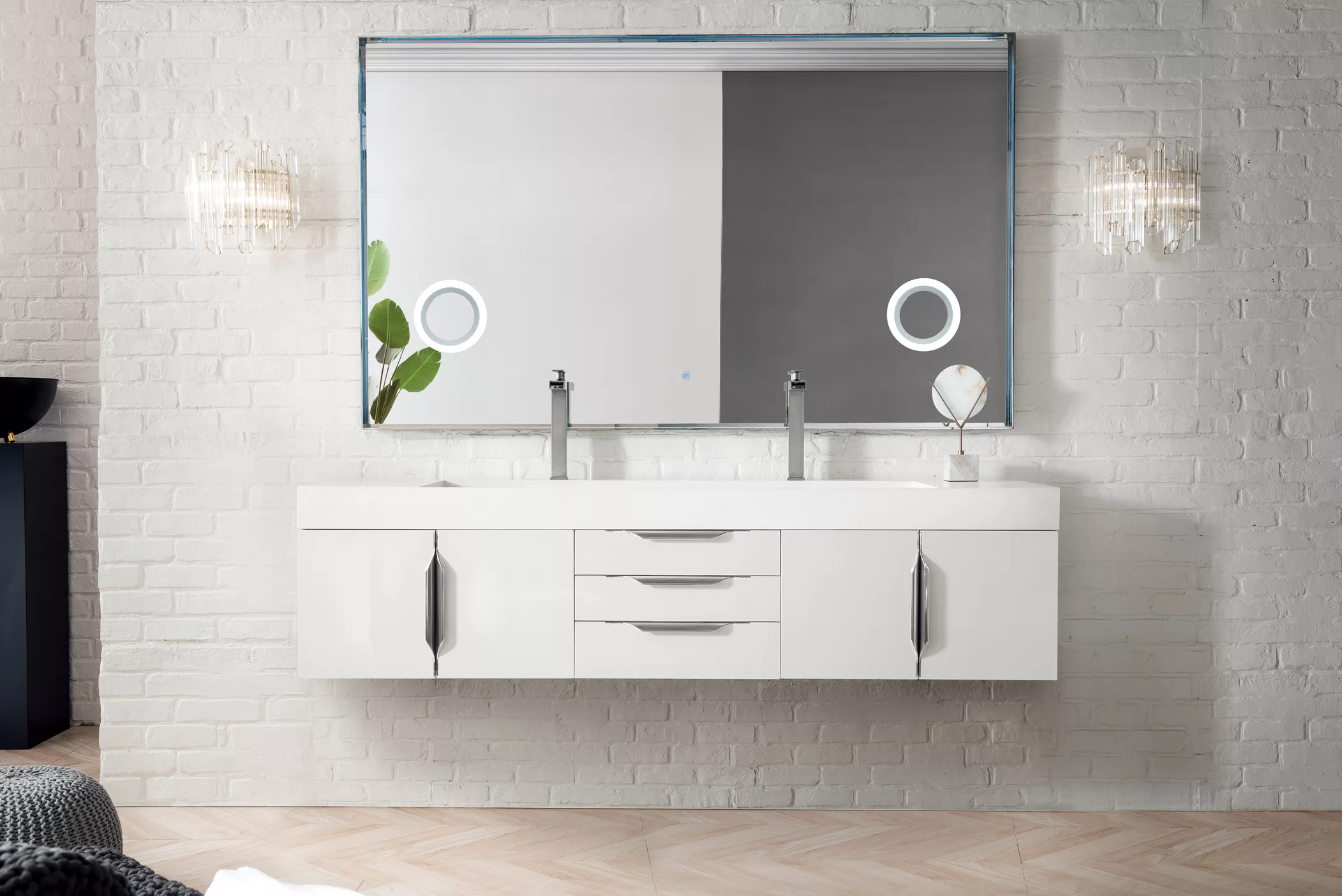 Mercer Island 72" Double Vanity, Glossy White w/ Glossy White Composite Stone Top - Image 2