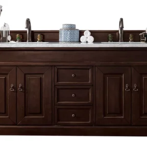 Brookfield 72″ Double Vanity, Burnished Mahogany w/ 3 CM Arctic Fall Solid Surface Top