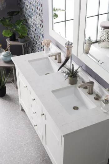 Palisades 60" Double Vanity, Bright White w/ 3 CM Eternal Jasmine Pearl Quartz Top - Image 2