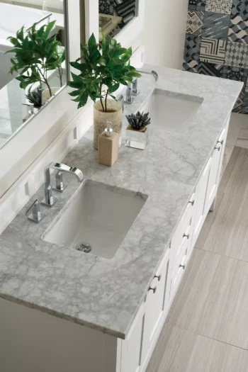 Palisades 72" Double Vanity, Bright White w/ 3 CM Carrara Marble Top - Image 2