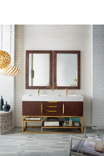 Columbia 59" Double Vanity, Coffee Oak, Radiant Gold w/ Glossy White Composite Stone Top - Image 2