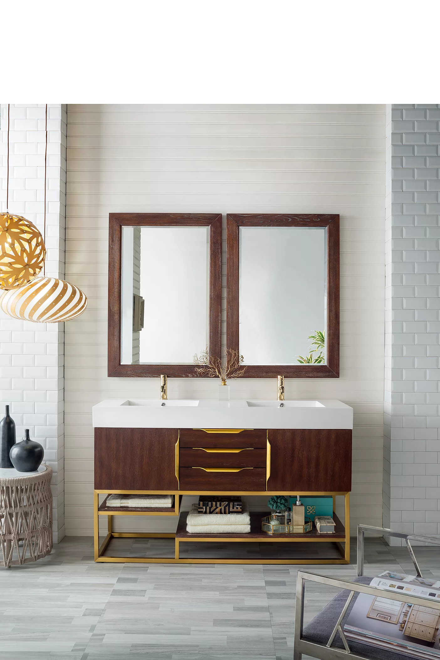 Columbia 59" Double Vanity, Coffee Oak, Radiant Gold w/ Glossy White Composite Stone Top - Image 2