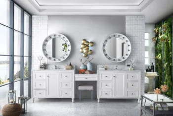 Copper Cove Encore 122" Double Vanity Set, Bright White w/ 3 CM Carrara Marble Top - Image 2