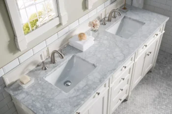 Brittany 72" Double Vanity, Bright White Vanity w/ 3 CM Carrara Marble Top - Image 2