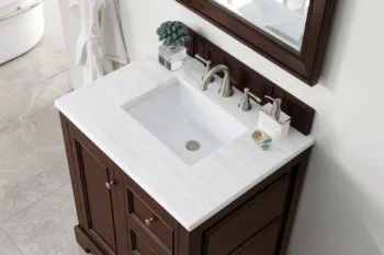 De Soto 30" Single Vanity, Burnished Mahogany w/ 3 CM Arctic Fall Solid Surface Top - Image 3