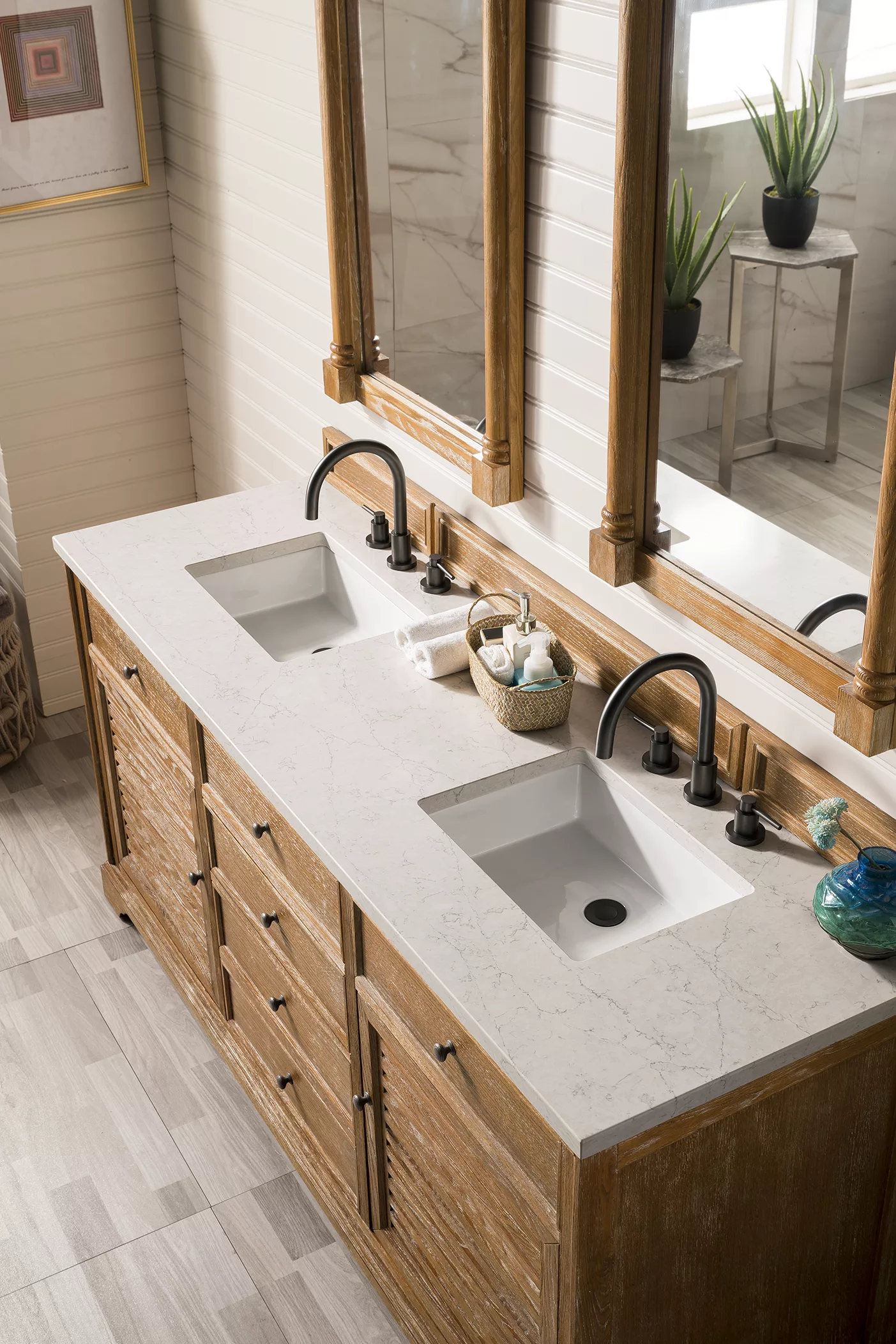 Savannah 72" Double Vanity, Driftwood w/ 3 CM Eternal Jasmine Pearl Quartz Top - Image 3