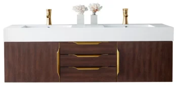 Mercer Island 59" Double Vanity, Coffee Oak, Radiant Gold w/ Glossy White Composite Stone Top